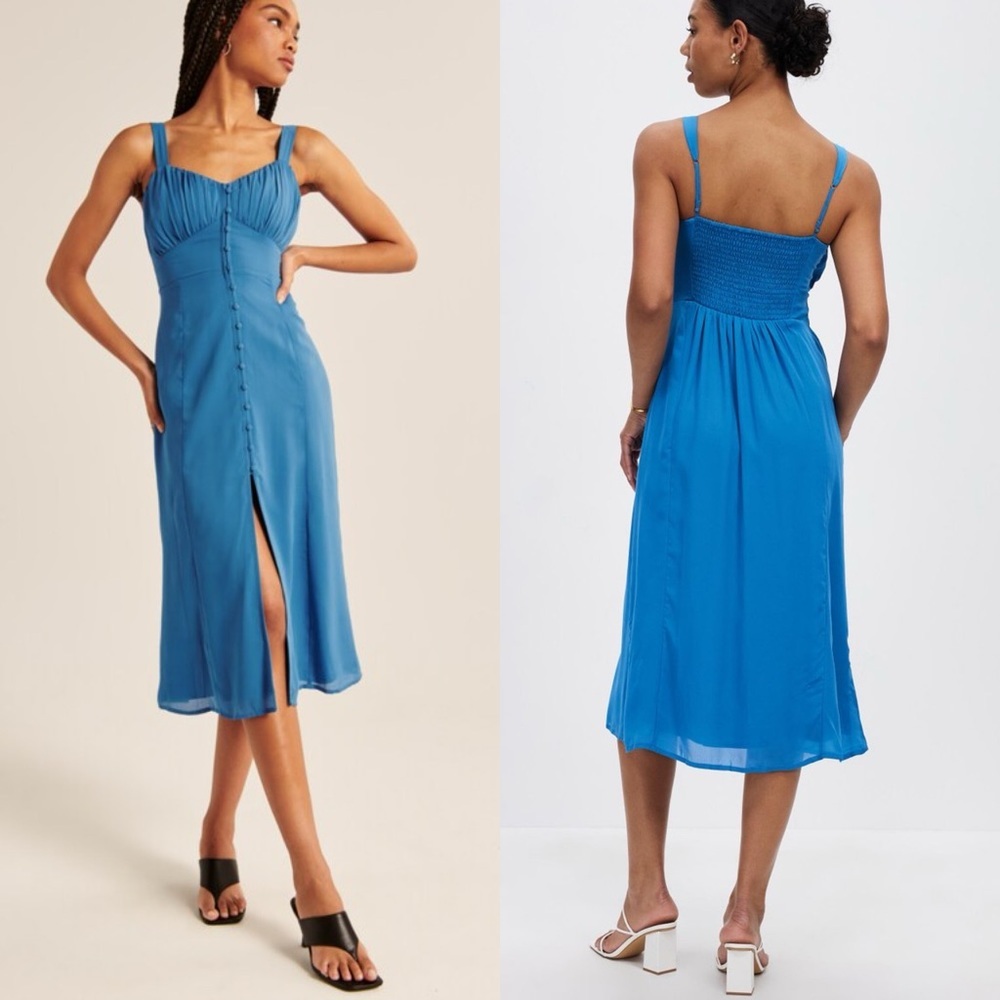 NWT Abercrombie & Fitch Blue Midi Dress Size XS‎ Tall Button Front Ruched Long